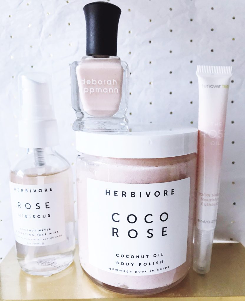 6 clean beauty products I've added to my skincare routine: Herbivore Coco Rose Body Polish, Hydrating Facial Mist, Deborah Lippmann CC Base Coat, Tenoverten cuticle oil