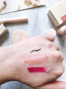 Lauren Conrad Beauty Review | Swatches of the lipstick, liquid eyeliner and lip + cheek tint