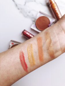 Swatches of Tower 28 Beauty Cream Bronzer, Tinted Balm, Milky Jelly Lip Gloss